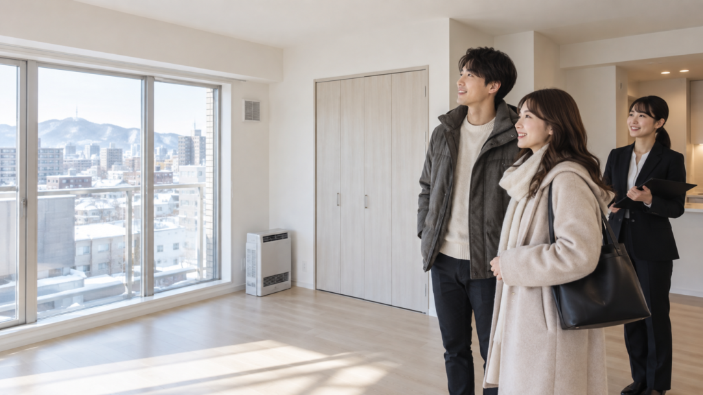 札幌の賃貸物件を内見するカップルと不動産担当者